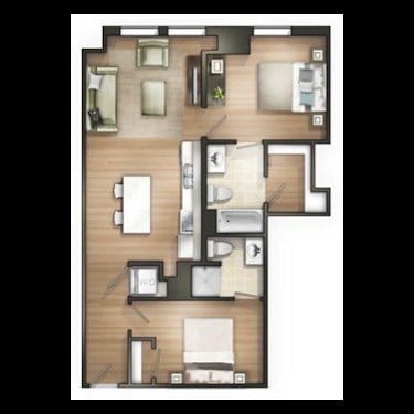 Floor plan for 2 beds, 2 baths, 790 sqft